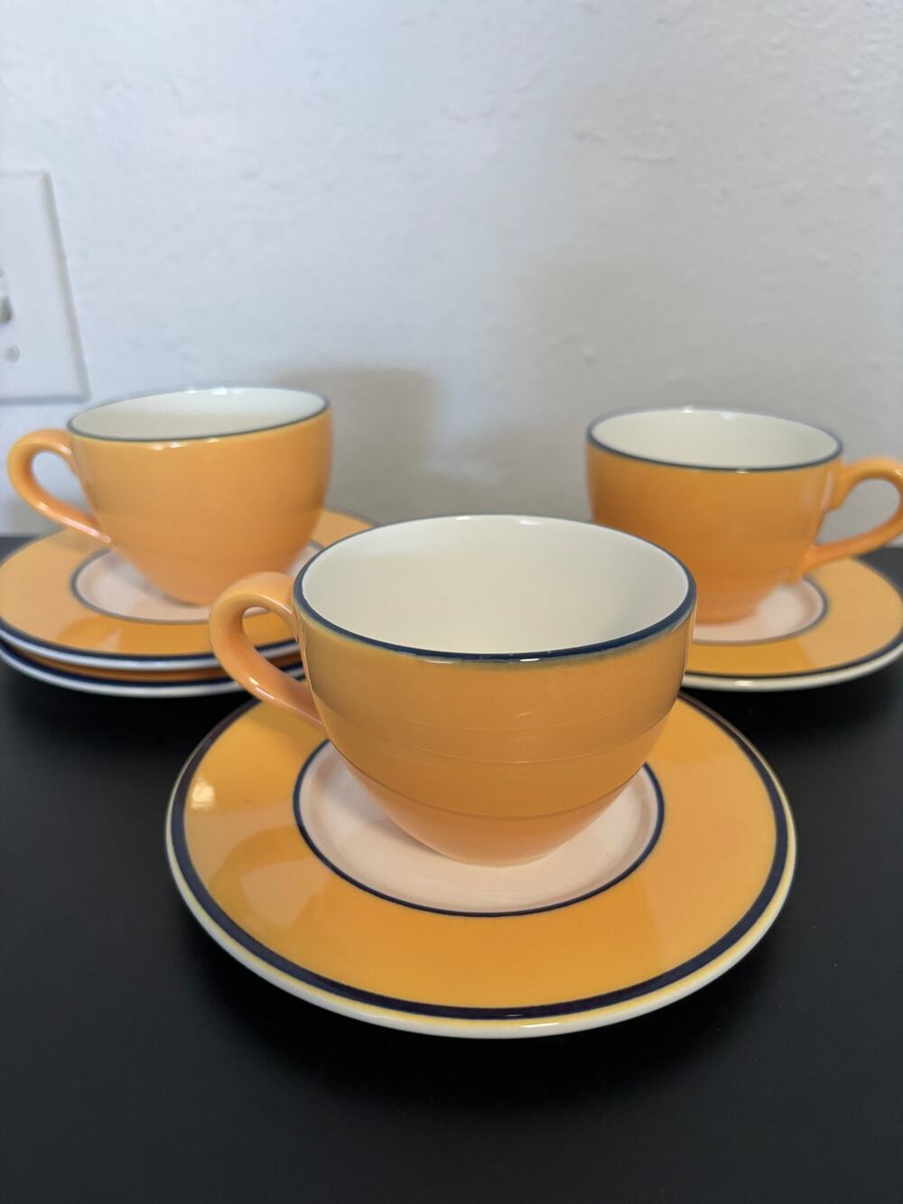 Pagnossin Treviso Spa Yellow Breakfast Cups & Saucers Blue Rim